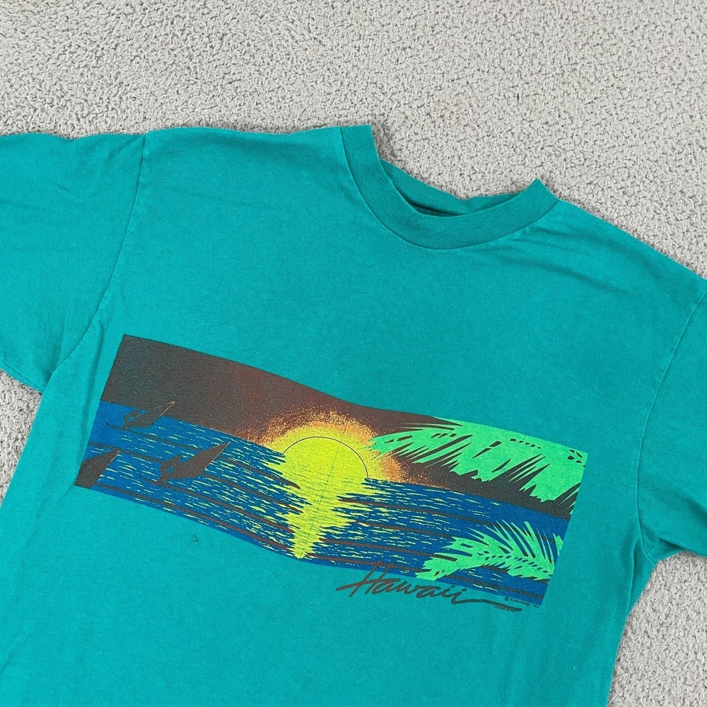 Vintage Hawaii Sunset T Shirt Men L Teal Single Stitch Destination Travel Tee - Picture 2 of 12
